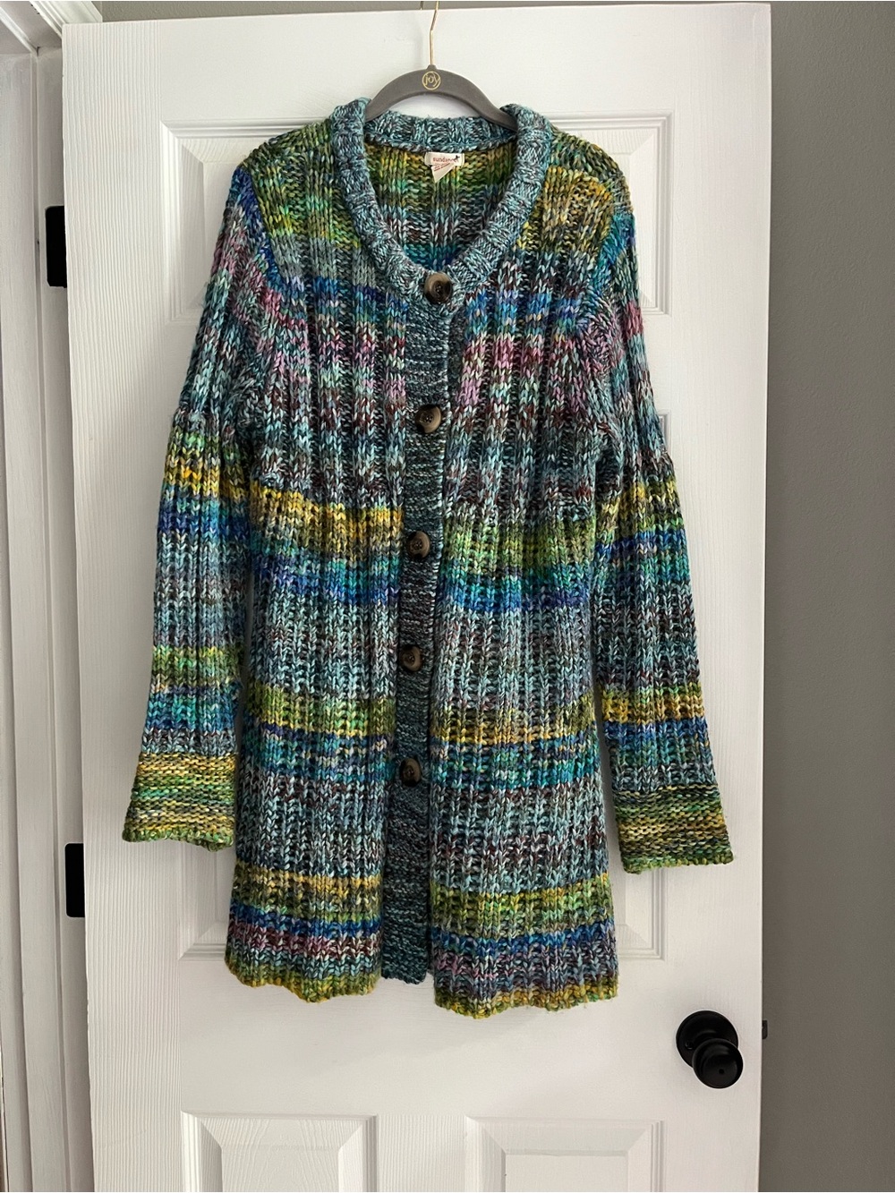 Sundance Chunky Knit Longline Multicolor Rainbow Wool Blend Cozy Cardigan Sz XL